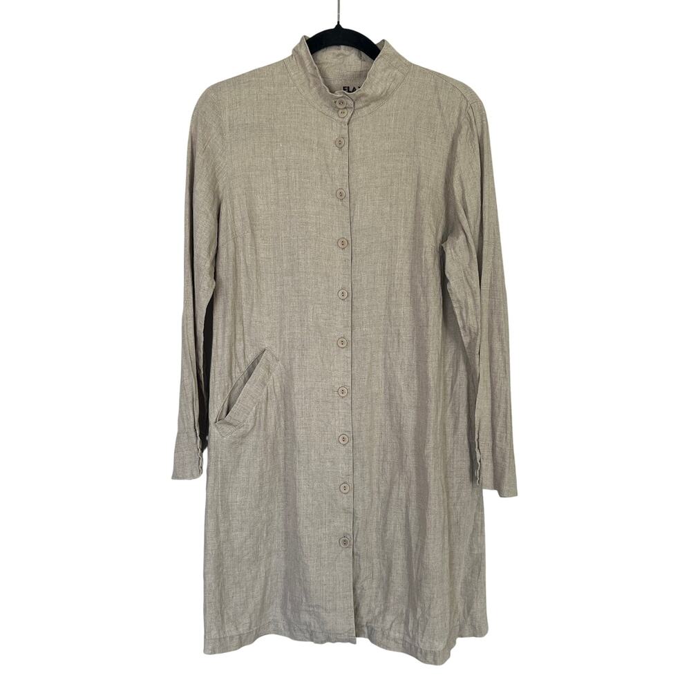 Flax Linen Knee Length Dress Women's Size S Tan Coastal Beachy Cottage Lagenlook